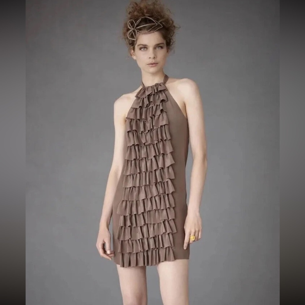 Va Et Vien BHLDN Anthropologie Beige Tan Silk RUFFLED RACERBACK Dress NWOT Sz 2